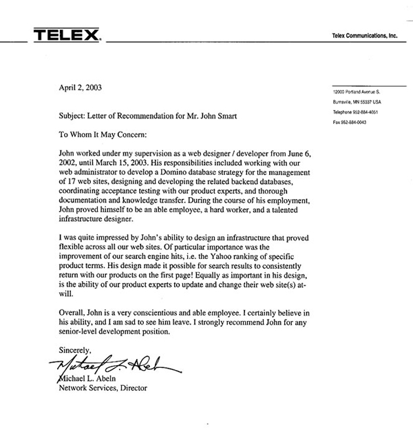 Telex recommendation letter for GreyDuck Technology