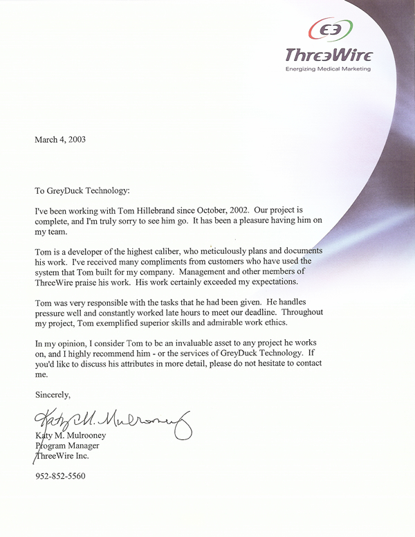 ThreeWire recommendation letter